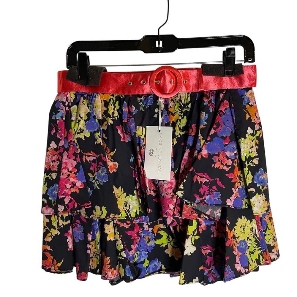 Caroline Constas Black Multi Summer Floral Reign Skirt with Belt Size Medium new